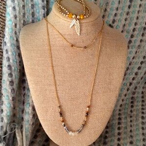 Jessica Simpson double strand necklace + free bracelet with feathers GOLDTONE